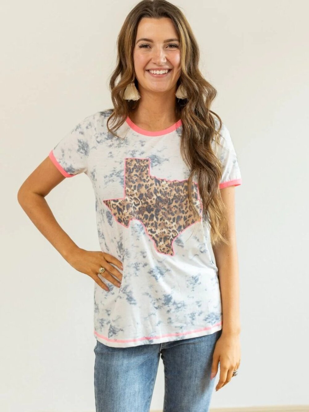 Leopard Texas Graphic Ringer Tee with Pink Trim